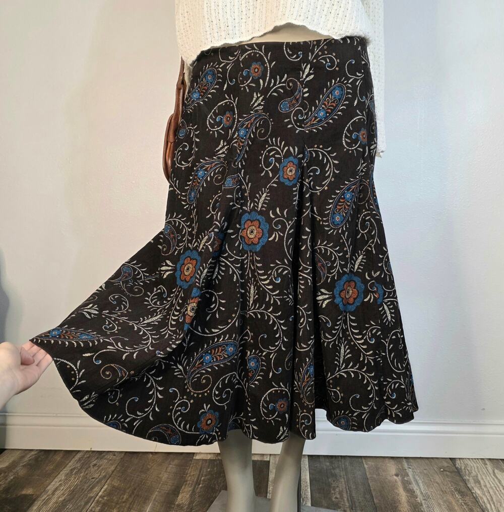 VINT 90s Y2K Paisley Corduroy Midi Skirt Brown Floral Boho Cottagecore Academia